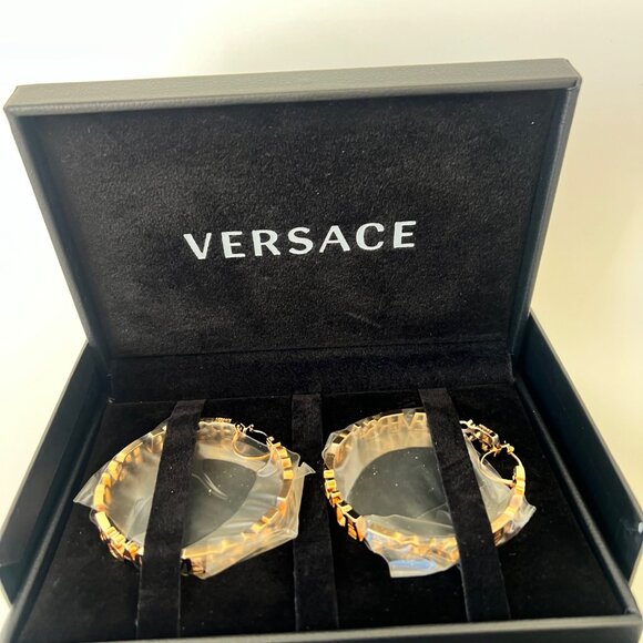 Versace Logo Hoop Earrings Gold Tone - Picture 5 of 10